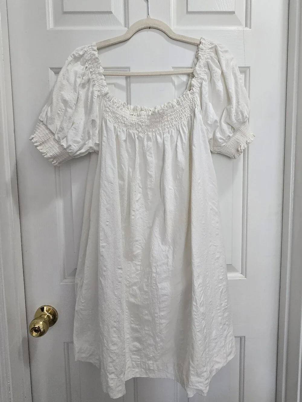Free People Mila Mini Dress White Smocked Puff Sleeves L - Picture 1 of 6